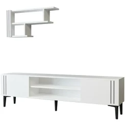 Mobile Porta tv Bianco Nero 3 Ripiani 2 Ante 140x30x45h cm, con Mensola Inclusa - Tusa