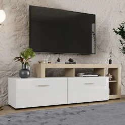 Mobile Porta tv Bianco Opaco Marrone Rovere 5 Ripiani 2 Ante 189x42x61h cm, con Piedini - Casola