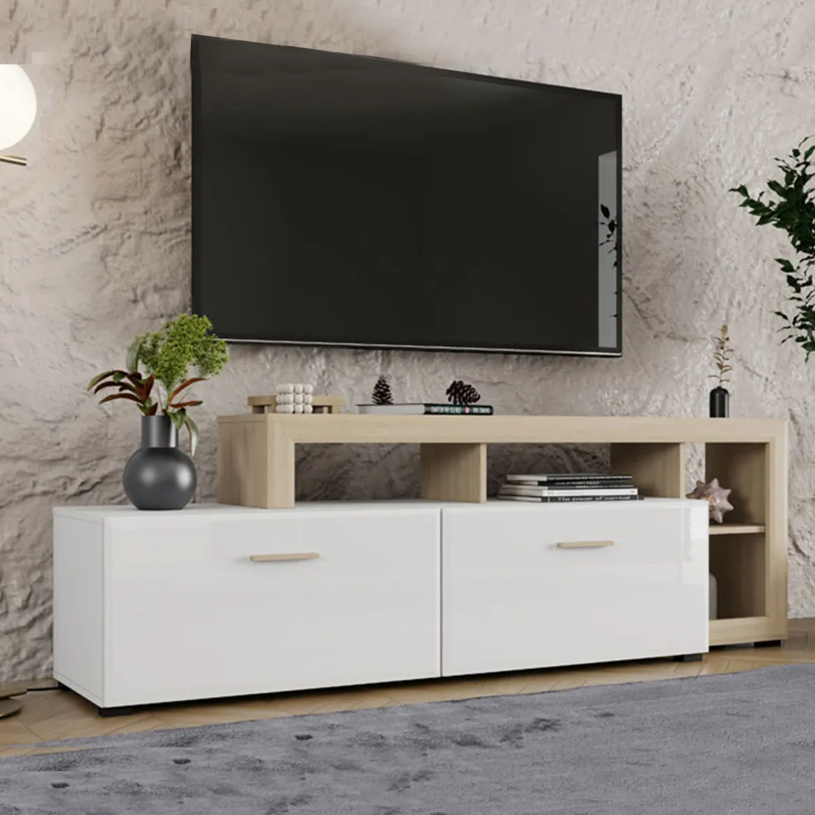 Mobile Porta tv Bianco Opaco Marrone Rovere 5 Ripiani 2 Ante 189x42x61h cm, con Piedini - Casola