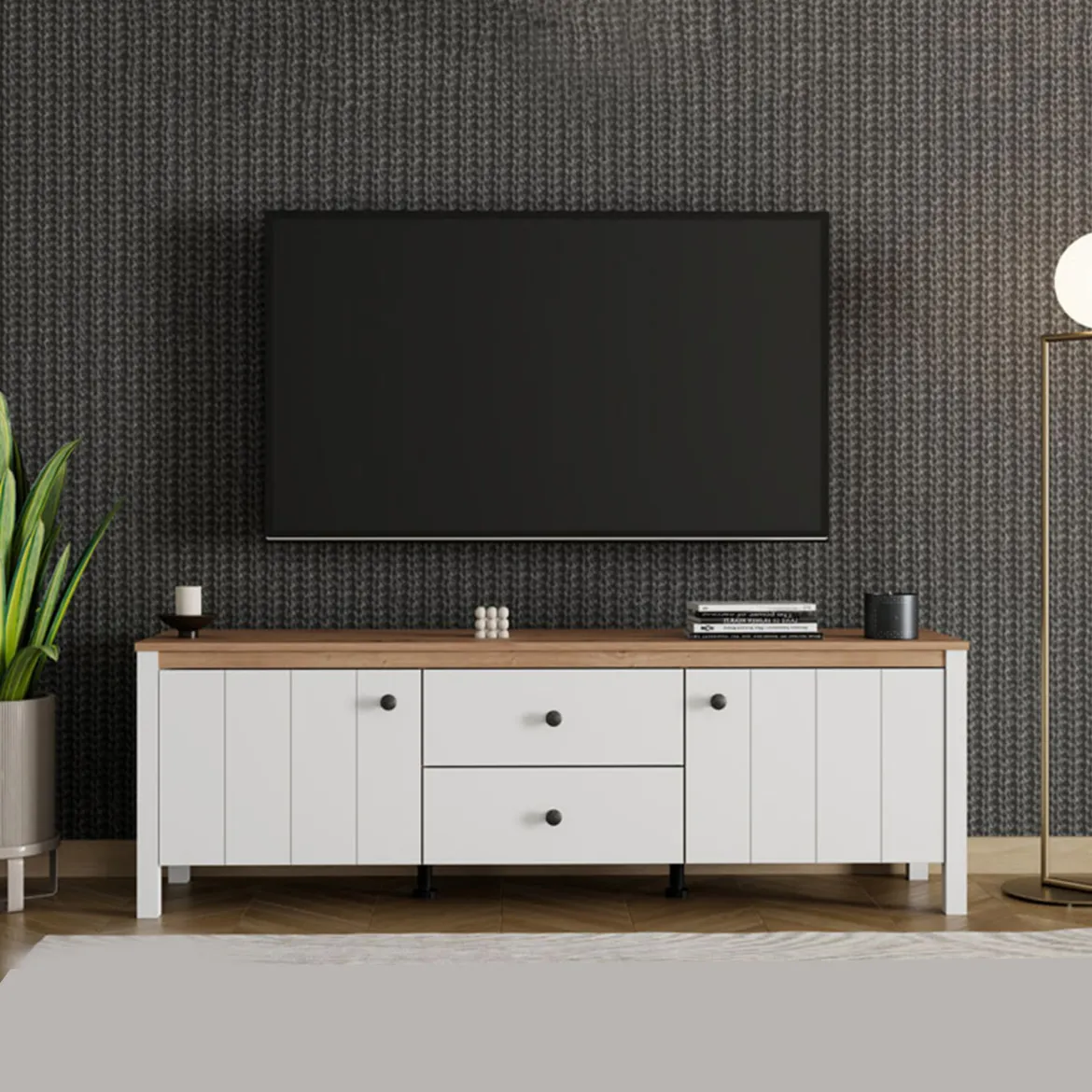 Mobile Porta tv Bianco Opaco Marrone Rovere un Cassetto un Ripiano 163x40x53h cm, 2 Ante - Zavatt