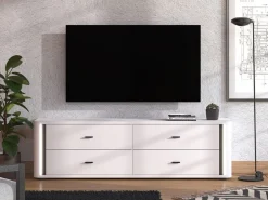 Mobile Porta tv Bianco Opaco Nero 4 Cassetti un Ripiano 176.5x40x52h cm, Apertura Scorrevole - Terenzo