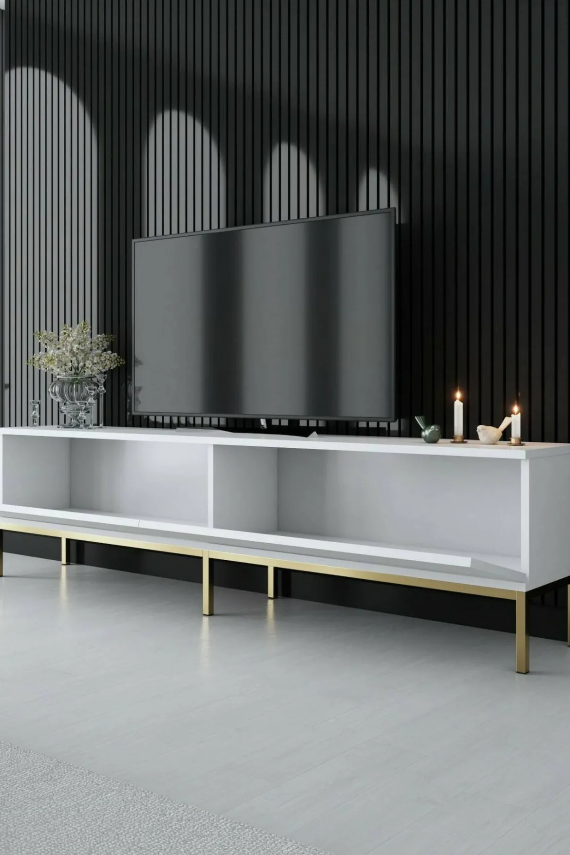 Mobile Porta tv Bianco oro Cassetti un Ripiano 180x30x47h cm, 2 Ante - Espero