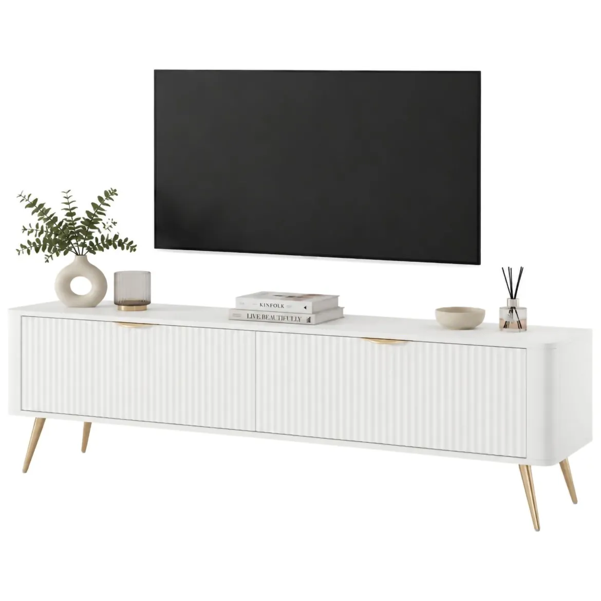 Mobile Porta tv Bianco oro 2 Ripiani 2 Ante 163x38x51h cm, Ante Effetto Rigato con Piedini - Kalase