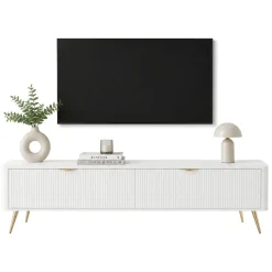 Mobile Porta tv Bianco oro 2 Ripiani 2 Ante 200x38x51h cm, Ante Effetto Rigato con Piedini - Kala