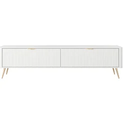 Mobile Porta tv Bianco oro 2 Ripiani 2 Ante 200x38x51h cm, Ante Effetto Rigato con Piedini - Kala