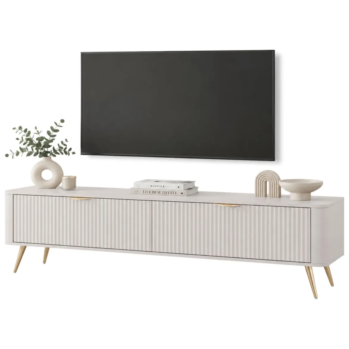 Mobile Porta tv Bianco oro un Ripiano 2 Ante 163x38x51h cm, Ante Effetto Rigato con Piedini - Kalase