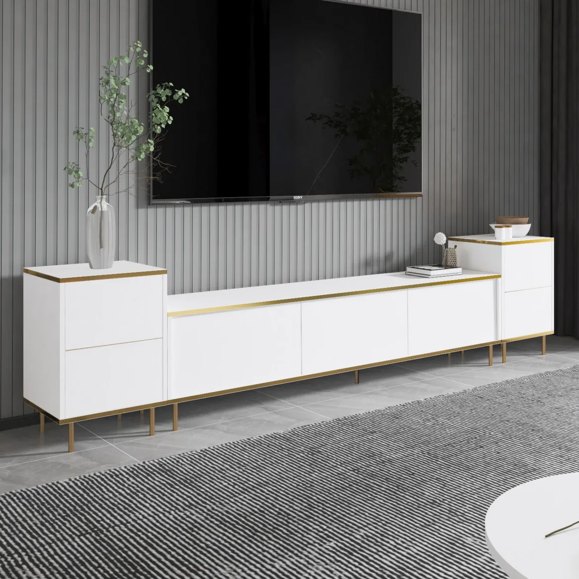 Mobile Porta tv Bianco 2 Ripiani Apertura Battente 120x30x75h cm, 4 Ante - Cerva