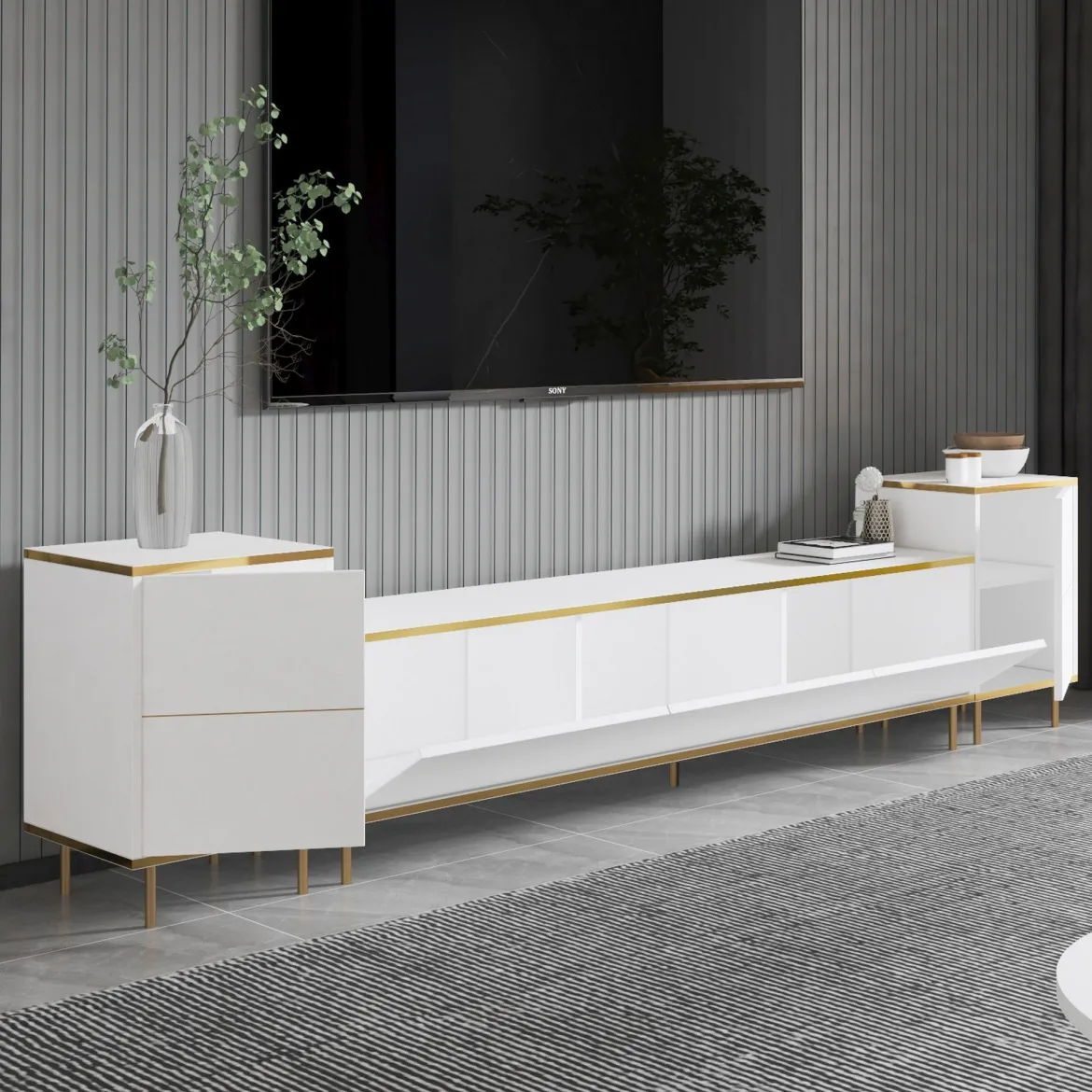 Mobile Porta tv Bianco 2 Ripiani Apertura Battente 120x30x75h cm, 4 Ante - Cerva