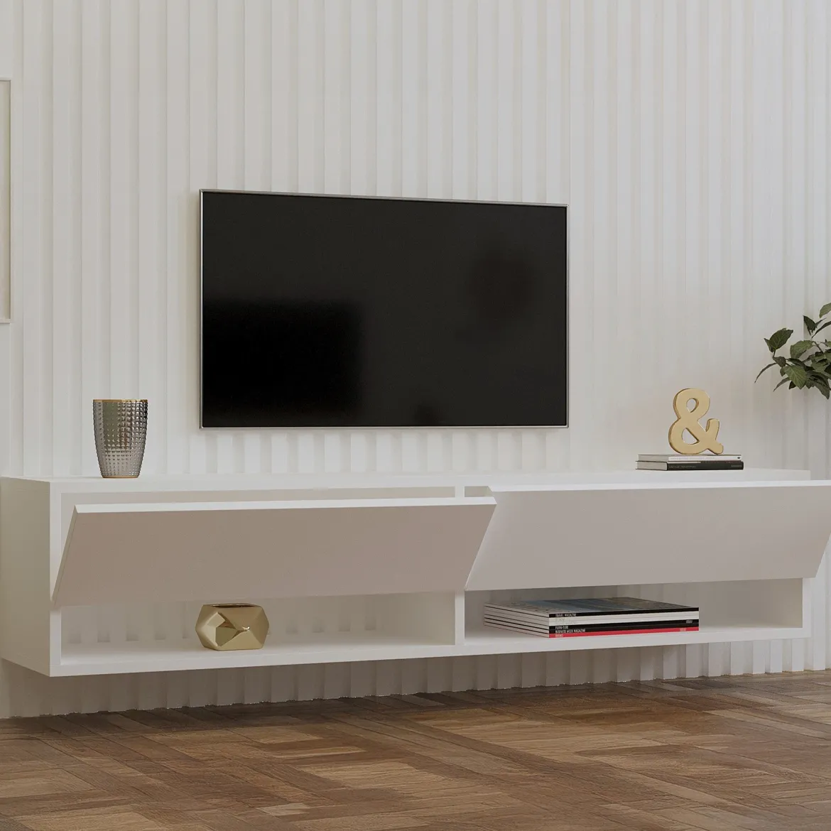 Mobile Porta tv Bianco 2 Ripiani Un'anta 160x27x33h cm, con Pensile - Cuorgne