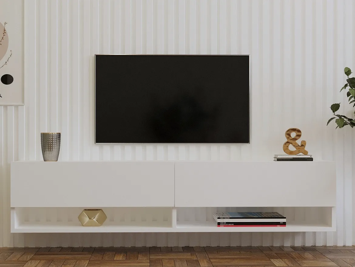 Mobile Porta tv Bianco 2 Ripiani Un'anta 160x27x33h cm, con Pensile - Cuorgne