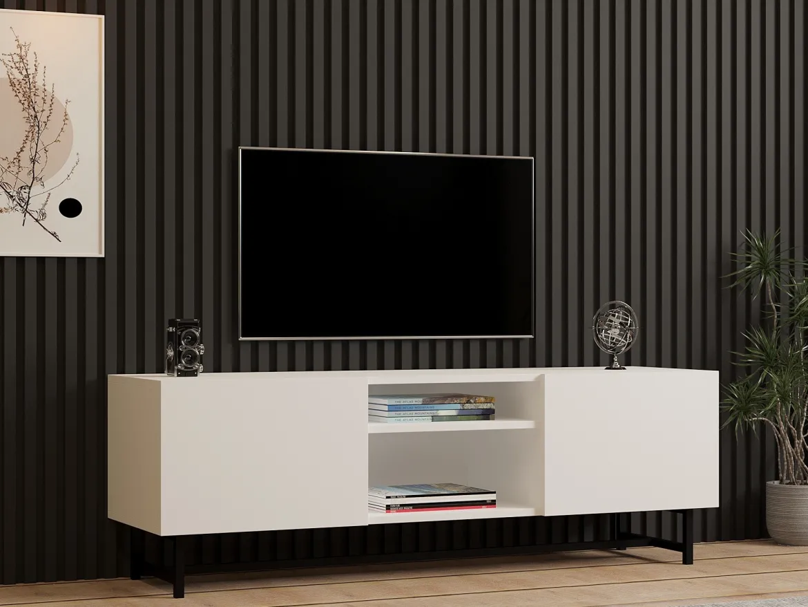 Mobile Porta tv Bianco 3 Ripiani Apertura Battente 150x37x50h cm, 2 Ante - Nicolao