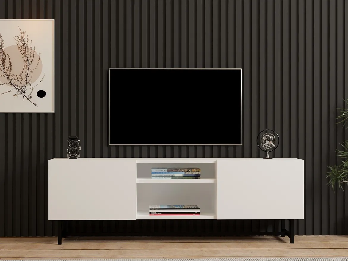 Mobile Porta tv Bianco 3 Ripiani Apertura Battente 150x37x50h cm, 2 Ante - Nicolao
