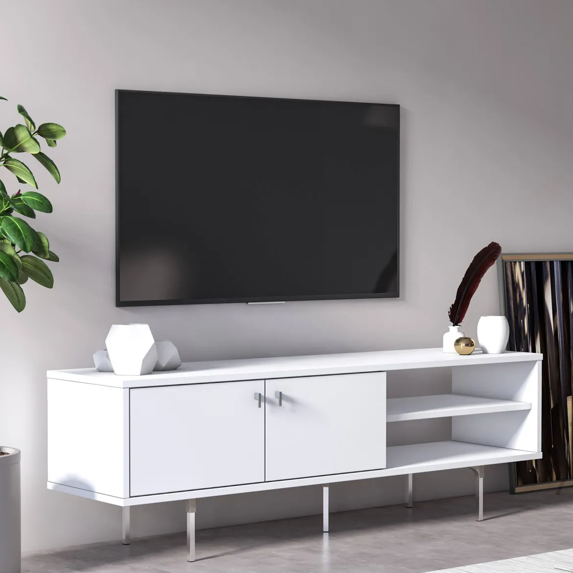 Mobile Porta tv Bianco un Ripiano 2 Ante 140x35x45h cm, 3 Vani