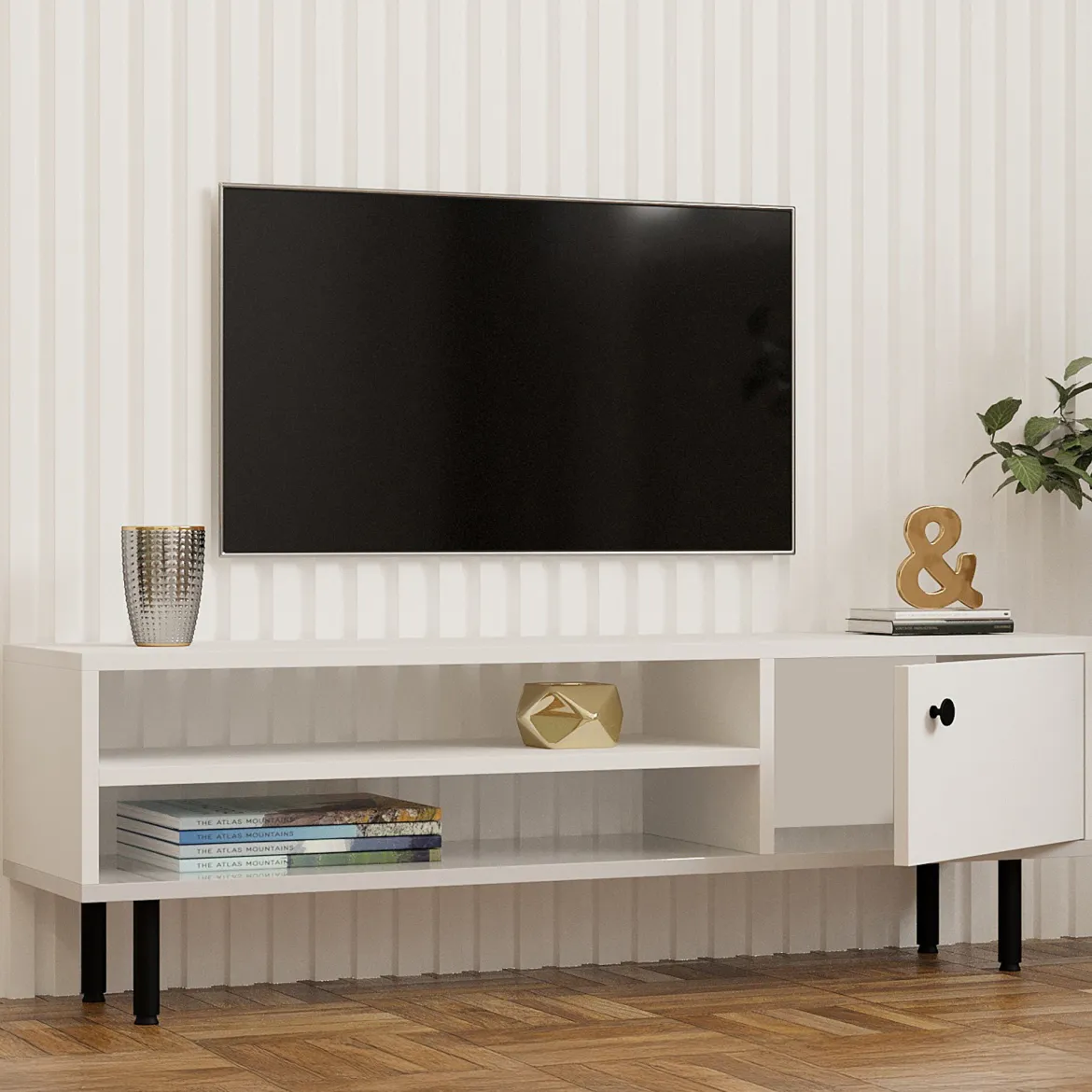 Mobile Porta tv Bianco un Ripiano Un'anta 42x180x42h cm, 2 Vani - Borger