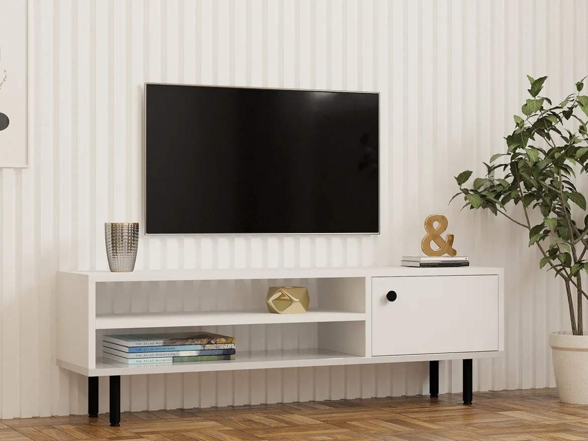 Mobile Porta tv Bianco un Ripiano Un'anta 42x180x42h cm, 2 Vani - Borger