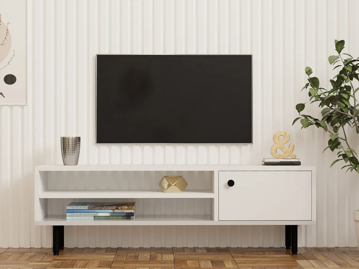 Mobile Porta tv Bianco un Ripiano Un'anta 42x180x42h cm, 2 Vani - Borger