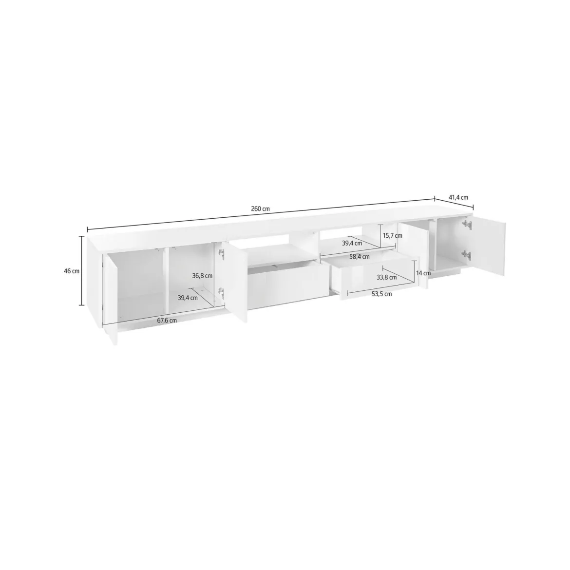 Mobile porta TV Dleott, cm 260x41h46, Bianco lucido e Noce