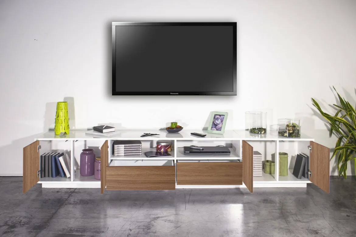 Mobile porta TV Dleott, cm 260x41h46, Bianco lucido e Noce