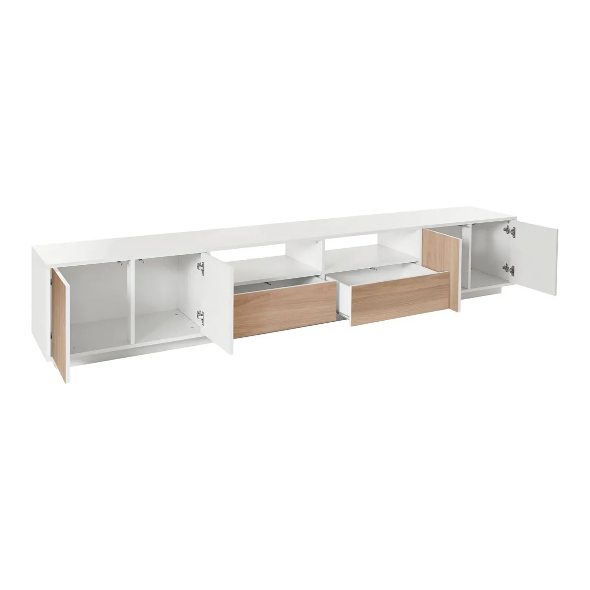 Mobile porta TV Dleott, cm 260x41h46, Bianco lucido e Noce