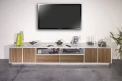 Mobile porta TV Dleott, cm 260x41h46, Bianco lucido e Noce