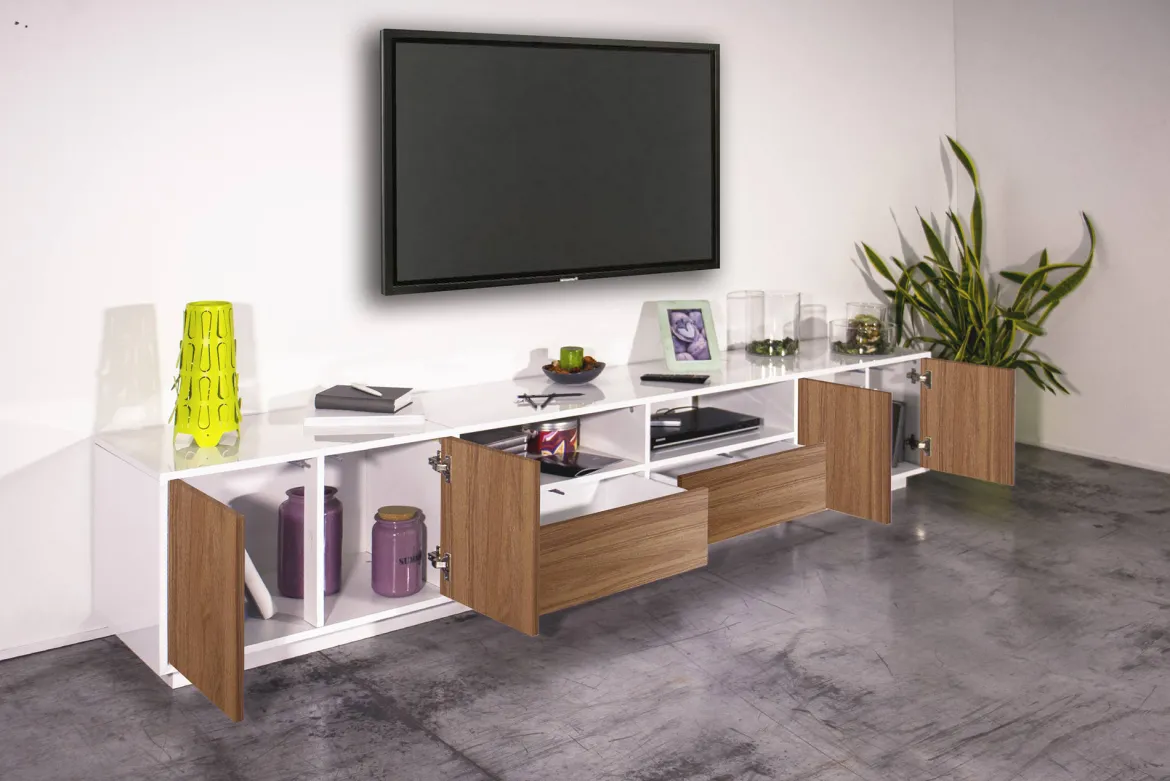 Mobile porta TV Dleott, cm 260x41h46, Bianco lucido e Noce