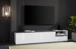 Mobile porta TV Febe, cm 200x40h49, Bianco lucido e Ardesia