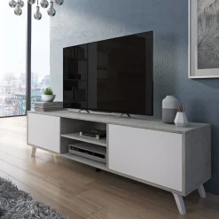 Mobile Porta tv Grigio Cemento Bianco Cassetti un Ripiano 180x40x49h cm, 2 Ante - Misinto