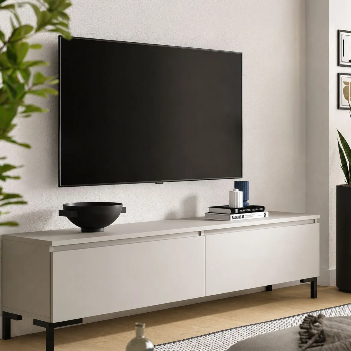 Mobile Porta tv Grigio Chiaro Nero un Ripiano 2 Ante 150x37x45h cm, con Piedini Made in Italy - Mimasato