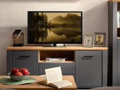Mobile Porta tv Grigio Scuro Marrone Rovere Nodi 2 Cassetti 4 Ripiani 161x41x66.5h cm, Apertura Battente, Scorrevole - Rotondi