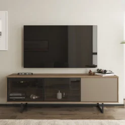 Mobile Porta tv Marrone Noce Beige 3 Ripiani 3 Ante 185x40x60h cm, Anta e Ripiani Dettaglio Vetro - Serrata