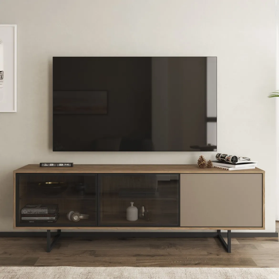 Mobile Porta tv Marrone Noce Beige 3 Ripiani 3 Ante 185x40x60h cm, Anta e Ripiani Dettaglio Vetro - Serrata