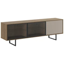 Mobile Porta tv Marrone Noce Beige 3 Ripiani 3 Ante 185x40x60h cm, Anta e Ripiani Dettaglio Vetro - Serrata