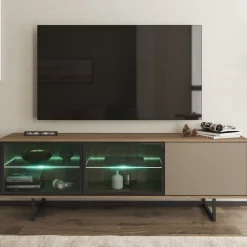 Mobile Porta tv Marrone Noce Bianco 2 Ante Apertura a Ribalta 160x25x40h cm, 2 Vani - Trepuzzi