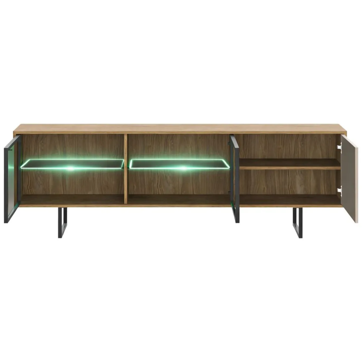 Mobile Porta tv Marrone Noce Beige 3 Ripiani 3 Ante 185x40x60h cm, Anta e Ripiani Dettaglio Vetro, con Luci led - Travesio