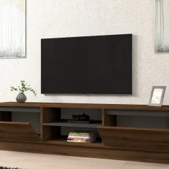 Mobile Porta tv Marrone Noce Nero Cassetti un Ripiano 180x30x50h cm, 2 Ante - Abishia