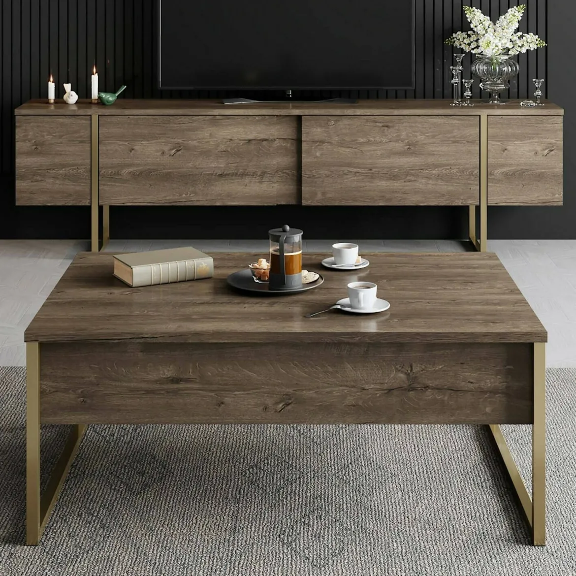 Mobile Porta tv Marrone Noce oro Cassetti un Ripiano 180x30x50h cm, 2 Ante - Abishia