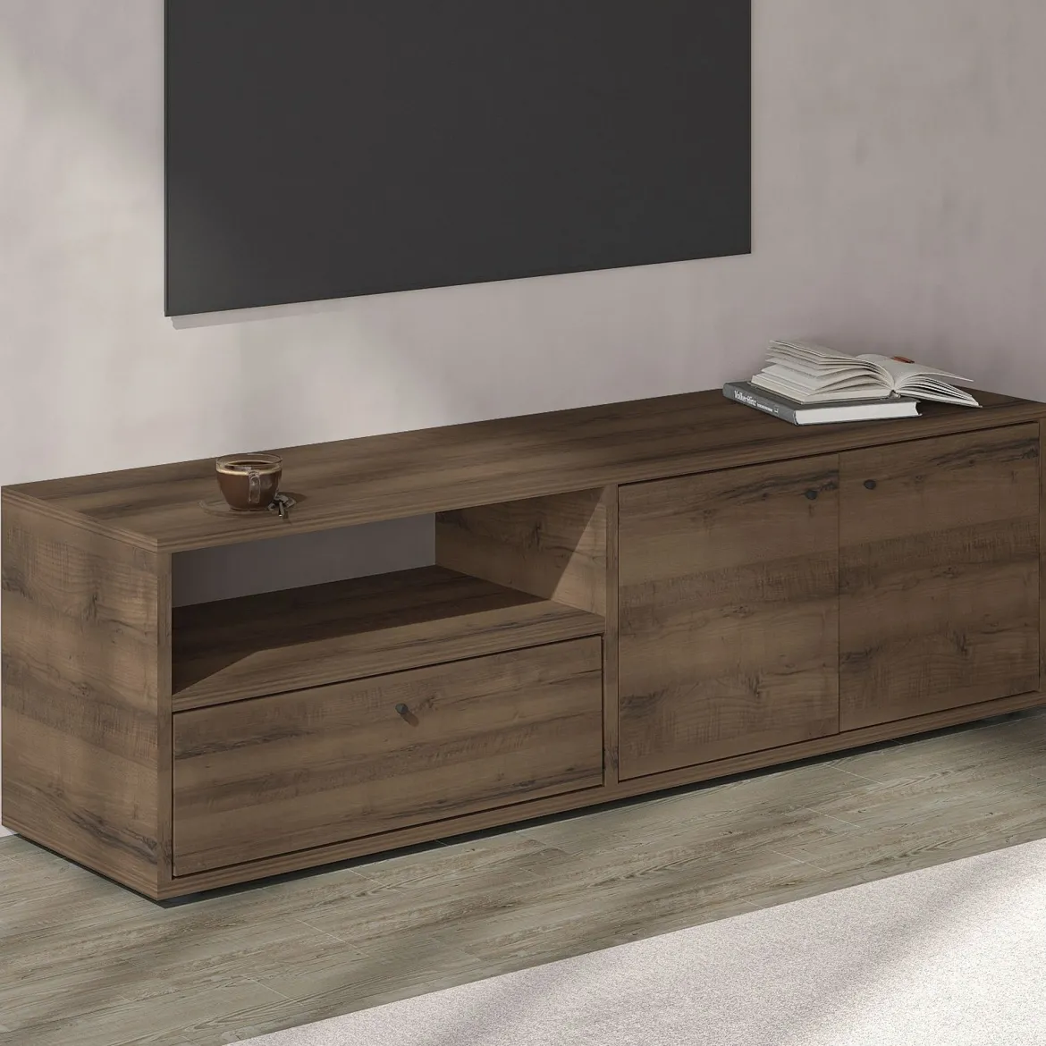 Mobile Porta tv Marrone Noce 2 Ripiani 3 Ante 136x35x42h cm, 4 Vani - Partanna