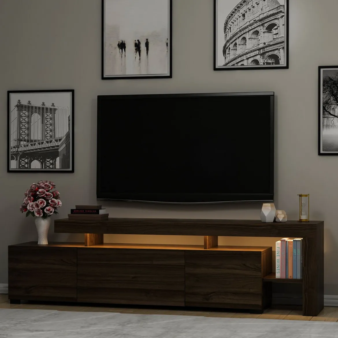Mobile Porta tv Marrone Noce un Ripiano Apertura Battente, a Ribalta 192x37x53h cm, 3 Ante - Trasacco