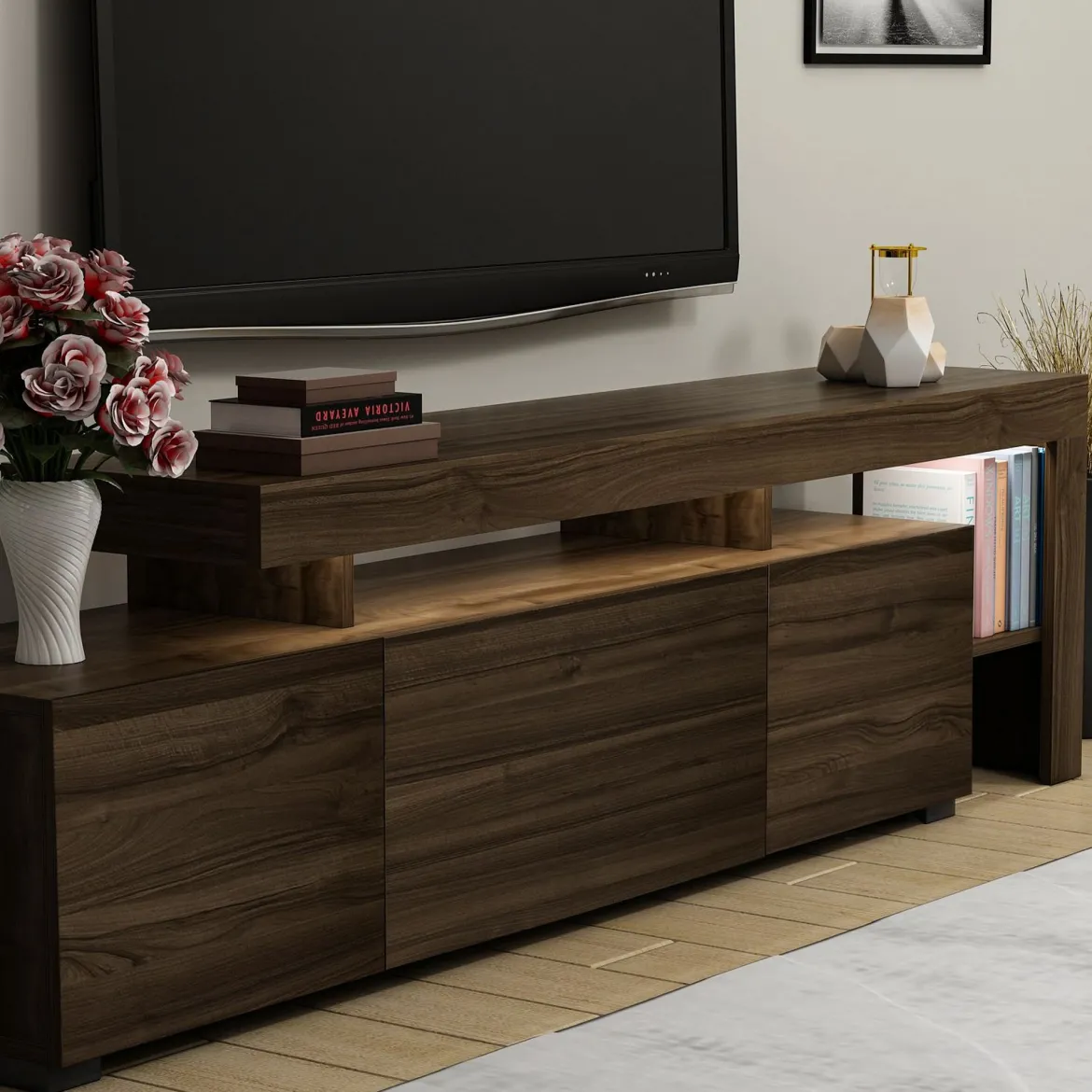 Mobile Porta tv Marrone Noce un Ripiano Apertura Battente, a Ribalta 192x37x53h cm, 3 Ante - Trasacco