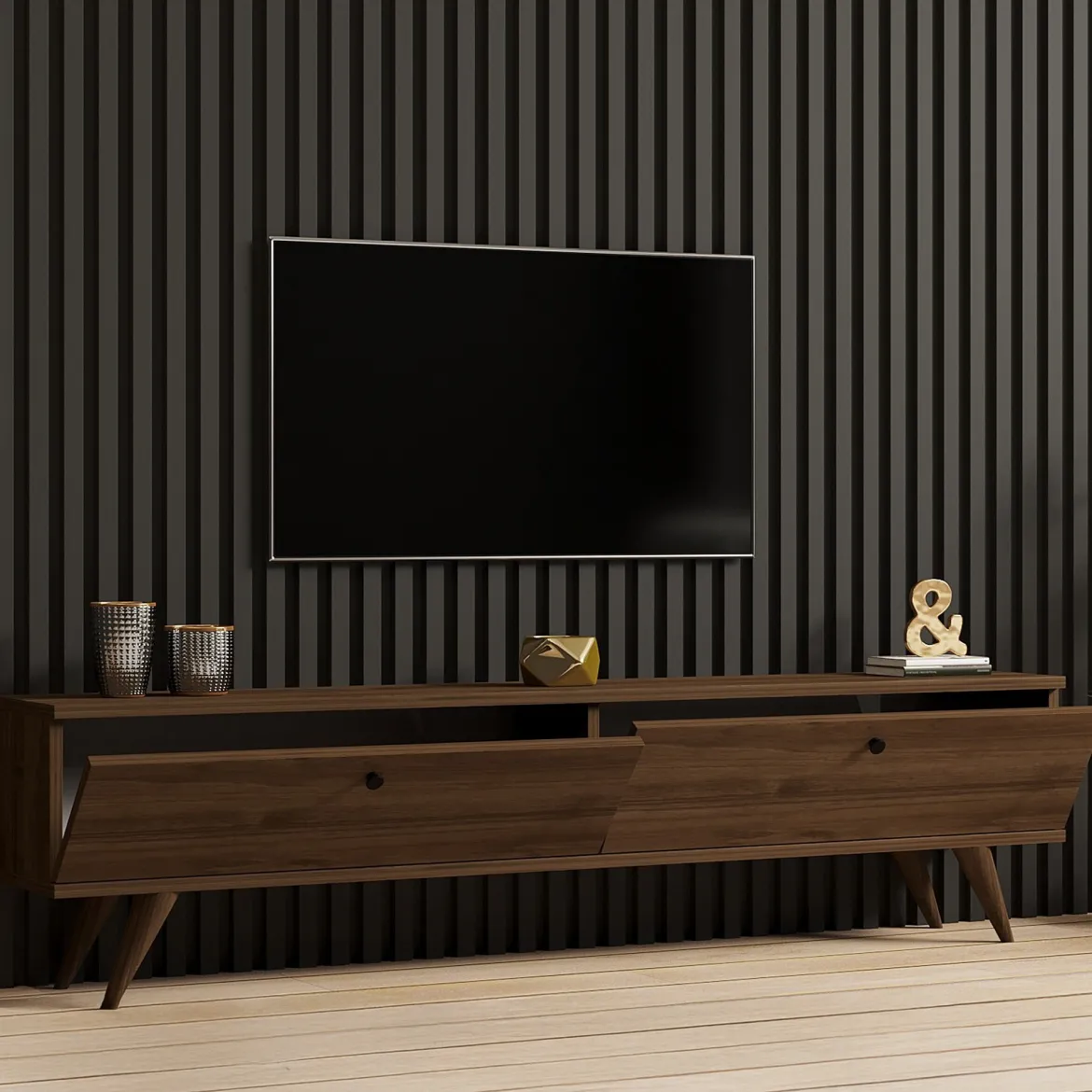 Mobile Porta tv Marrone Noce 2 Vani 2 Ante 160x25x40h cm, Apertura a Ribalta - Atestino
