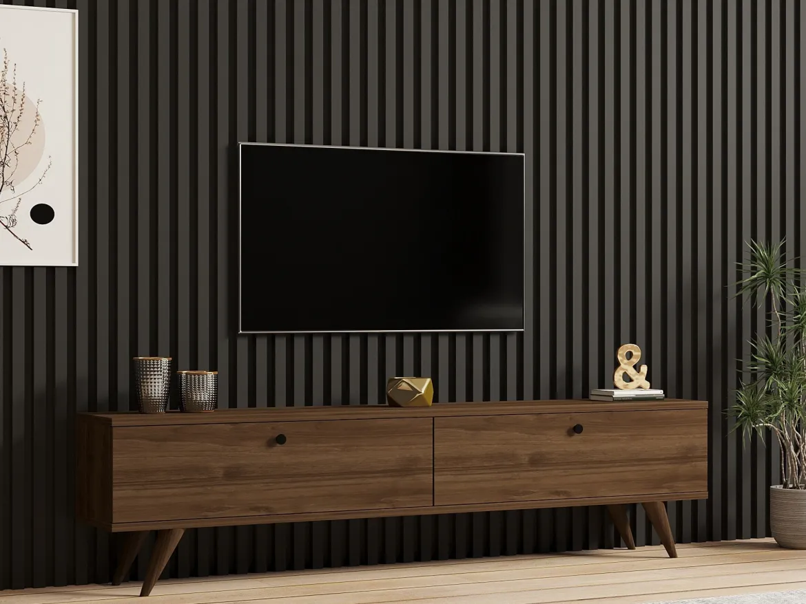 Mobile Porta tv Marrone Noce 2 Vani 2 Ante 160x25x40h cm, Apertura a Ribalta - Atestino