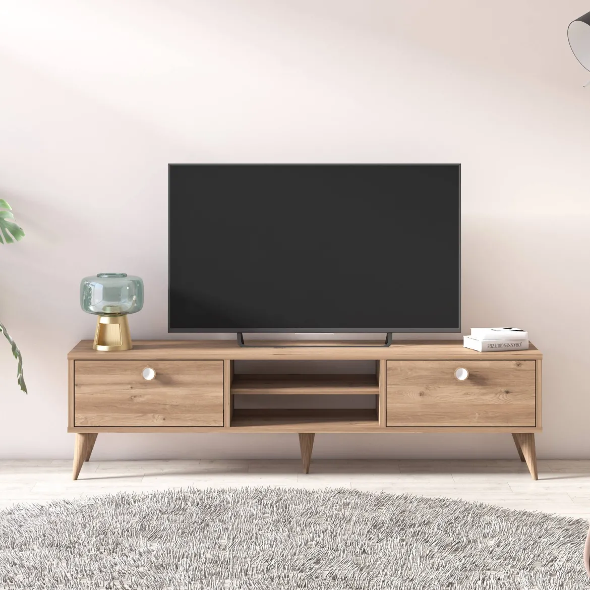 Mobile Porta tv Marrone Quercia un Ripiano Apertura Maniglia 182x44x63h cm, 2 Vani - Silea