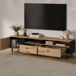 Mobile Porta tv Marrone Rovere Nodi Nero 2 Cassetti un Ripiano 157x40x52h cm, Apertura Battente, Scorrevole - Caivano