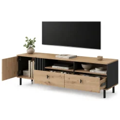 Mobile Porta tv Marrone Rovere Nodi Nero 2 Cassetti un Ripiano 157x40x52h cm, Apertura Battente, Scorrevole - Caivano