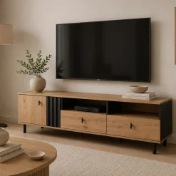 Mobile Porta tv Marrone Rovere Nodi Nero 2 Cassetti un Ripiano 157x40x52h cm, Apertura Battente, Scorrevole - Caivano