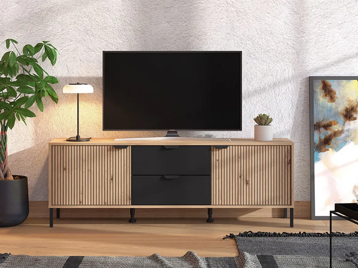 Mobile Porta tv Marrone Rovere Nodi Nero 2 Cassetti un Ripiano 157x40x54.5h cm, 2 Ante - Raiano