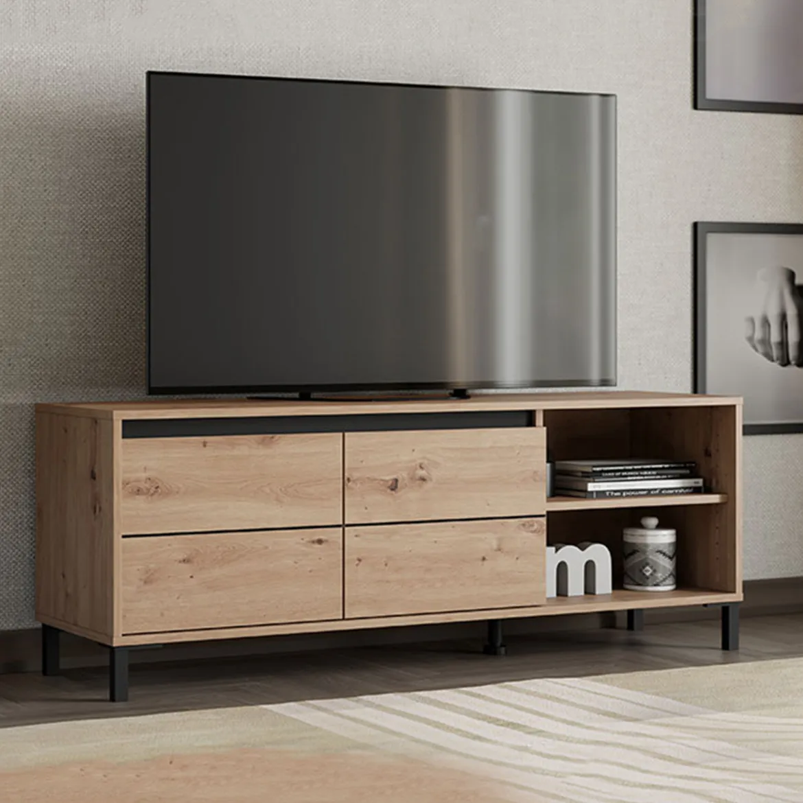 Mobile Porta tv Marrone Rovere Nodi Nero 2 Ripiani 2 Ante 138x40x52h cm, con Piedini - Cigno