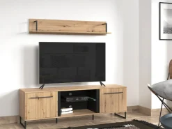 Mobile Porta tv Marrone Rovere Nodi Nero 2 Ripiani 4 Vani 170.5x42x54h cm, 2 Ante - Sutrio