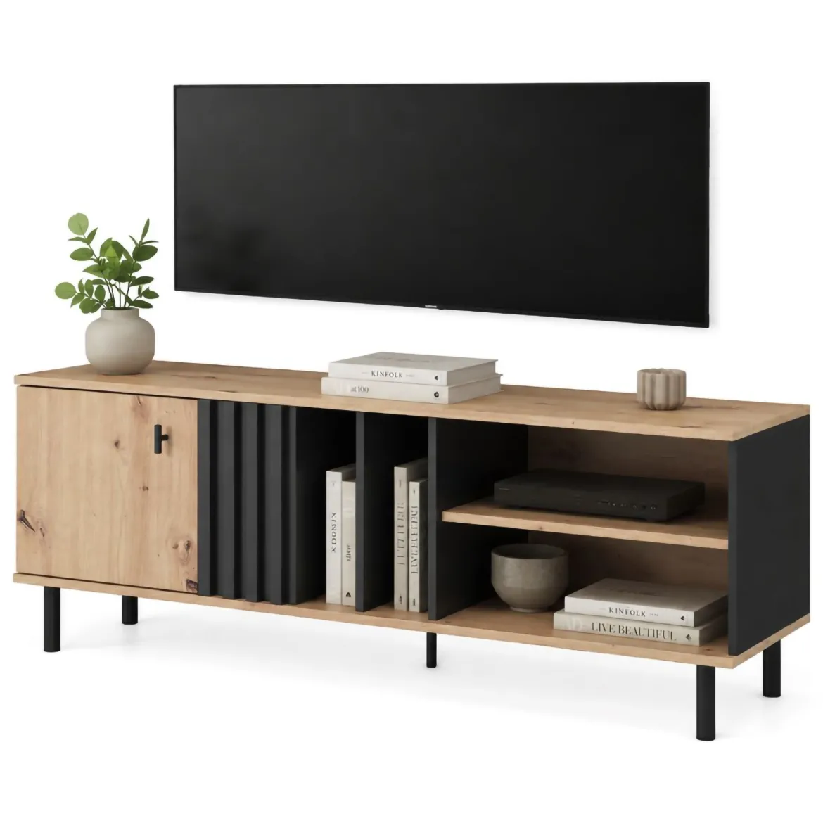 Mobile Porta tv Marrone Rovere Nodi Nero 2 Ripiani Un'anta 138x40x49h cm, con Piedini - Kali