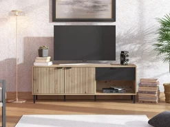 Mobile Porta tv Marrone Rovere Nodi Nero un Cassetto 2 Ripiani 157x40x52.5h cm, Apertura Battente, Scorrevole - Scala